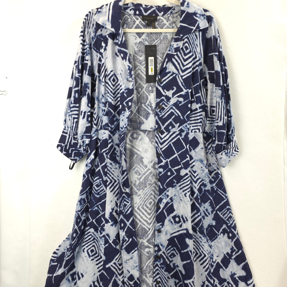 Donna Karan New York Linen Blend Shirt Dress 14 Blue Abstract NWT Coastal Chic - Picture 4 of 13